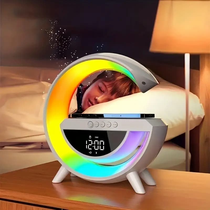 G Shaped RGB Lamp – Bluetooth Speaker With Wireless Charger & Digital Clock