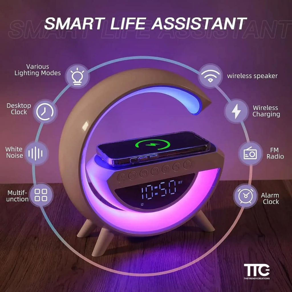 G Shaped RGB Lamp – Bluetooth Speaker With Wireless Charger & Digital Clock