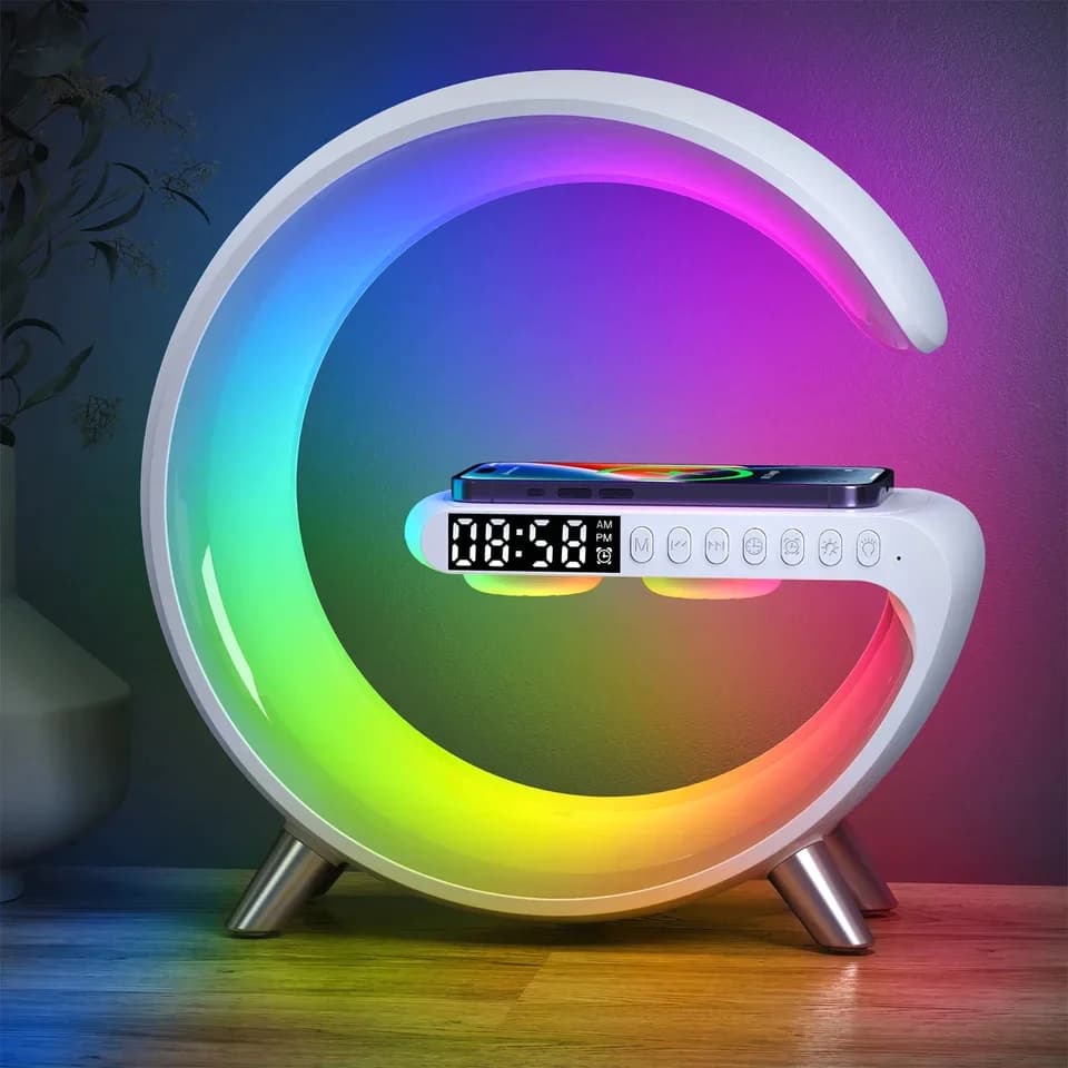 G Shaped RGB Lamp – Bluetooth Speaker With Wireless Charger & Digital Clock