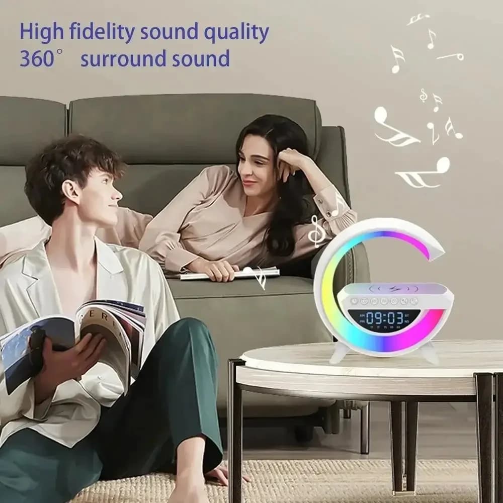 G Shaped RGB Lamp – Bluetooth Speaker With Wireless Charger & Digital Clock